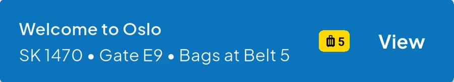 The push on landing: Welcome to Oslo. SK1470, gate E9, bags at belt 5