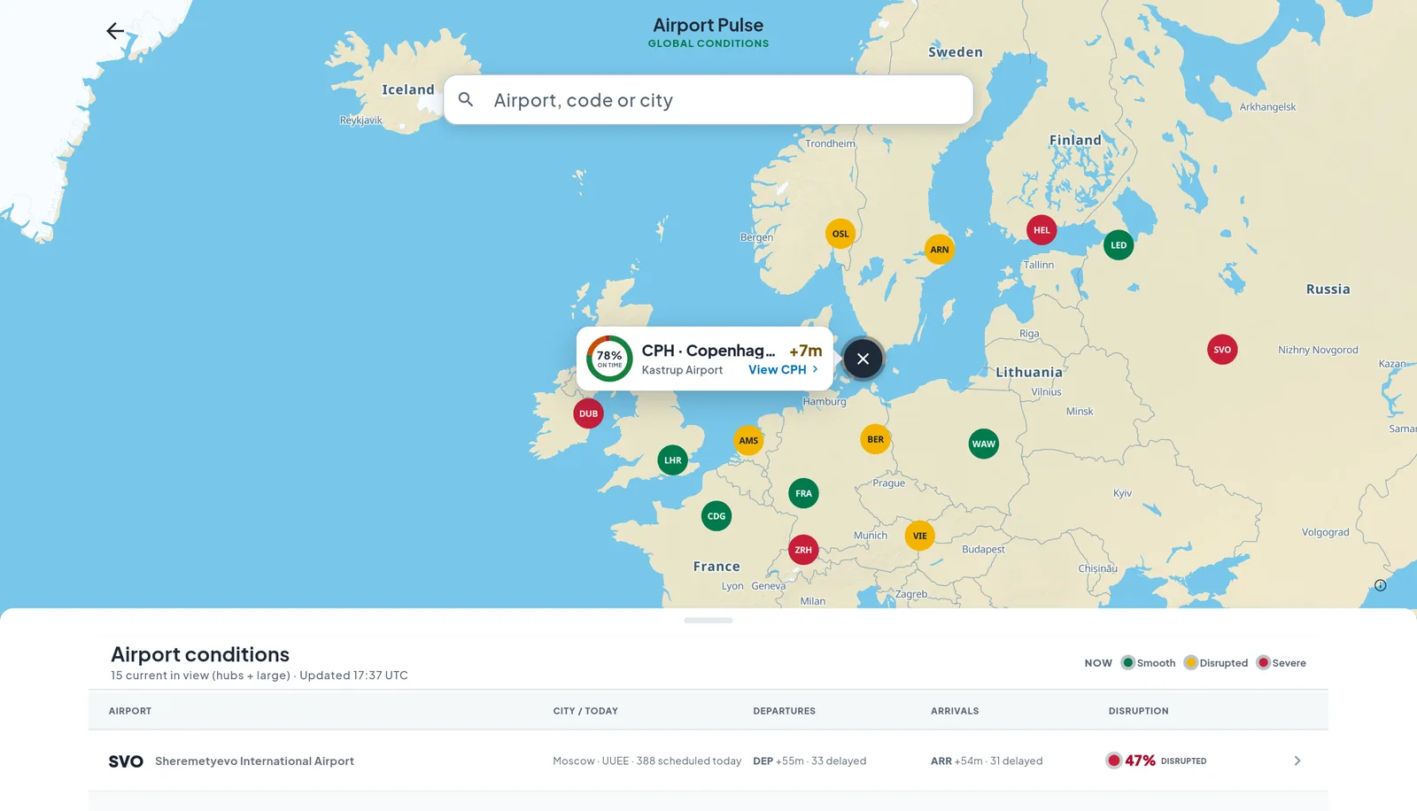 Airport Pulse on the web at 17:37 UTC: Europe with each large airport coloured by how its flights are running — Frankfurt, Heathrow, Paris–Charles de Gaulle and Warsaw smooth; Oslo, Stockholm, Copenhagen, Amsterdam, Berlin and Vienna disrupted; Dublin, Zürich and Helsinki severe — with Copenhagen selected at 78% on time and 7 minutes average delay