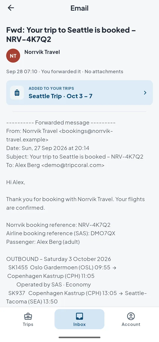 A forwarded Norrvik Travel flight confirmation in TripCoral on Android, marked as added to the Seattle trip, 3 to 7 October