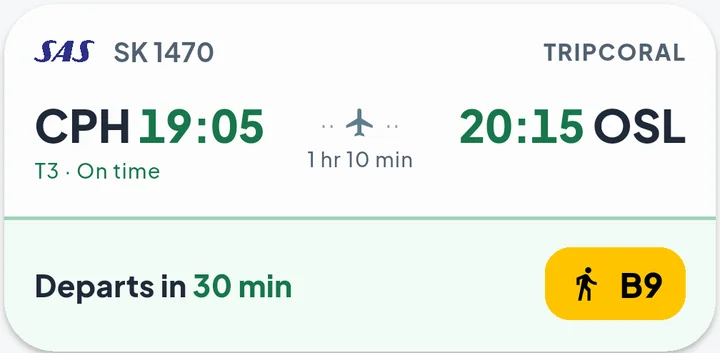 The live card for SK1470 Copenhagen to Oslo, on time from terminal 3: departs in 30 min from gate B9