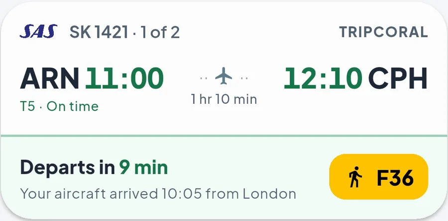 The live SK1421 card on Android: Stockholm 11:00 to Copenhagen 12:10 from terminal 5, departs in 9 minutes, walk to gate F36, and the line “Your aircraft arrived 10:05 from London”